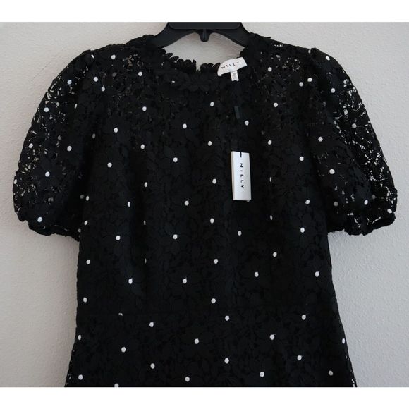 Milly 99YD99 Women's Sz 10 Black Yasmin Daisy Lace Ruffle Hem Mini Dress - Picture 6 of 15